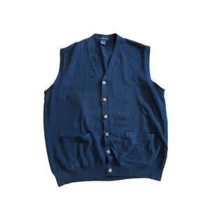 Cotton Traders Mens Knit Vest Blue Button Front Pockets Size L Teacher Golf Cozy